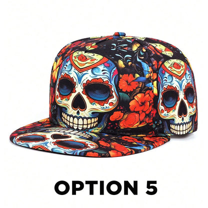 Skull Floral Print Hip Hop Flat Brim Baseball Cap