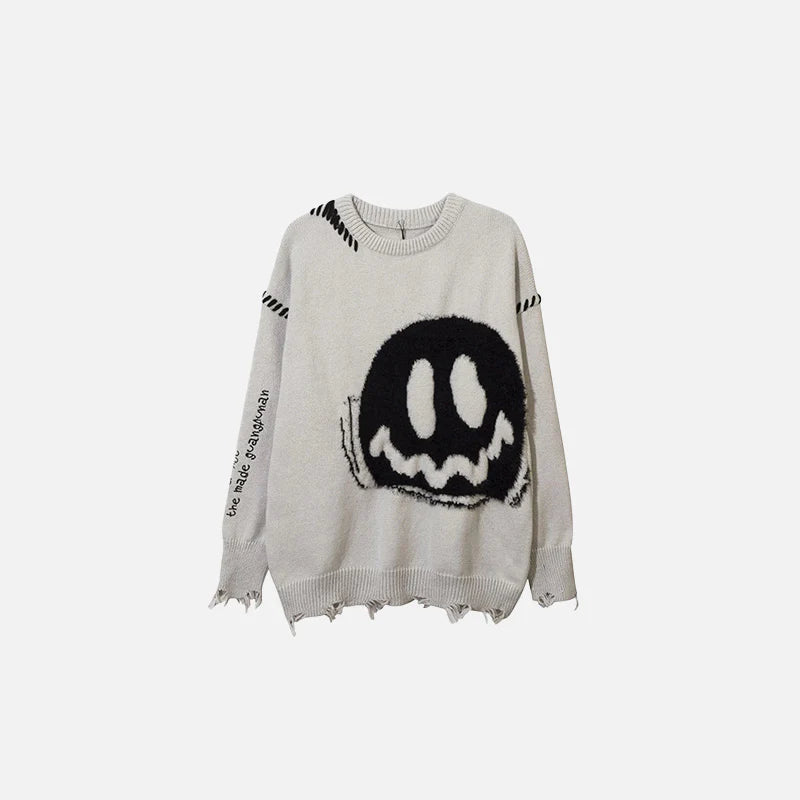 Y2K Distressed Smiley Knit Sweater