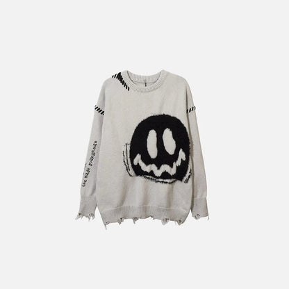 Y2K Distressed Smiley Knit Sweater