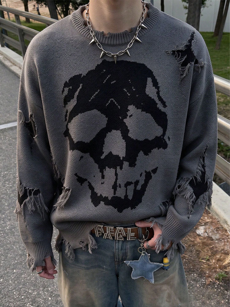 Distressed Skull Graphic Oversized Knit Sweater