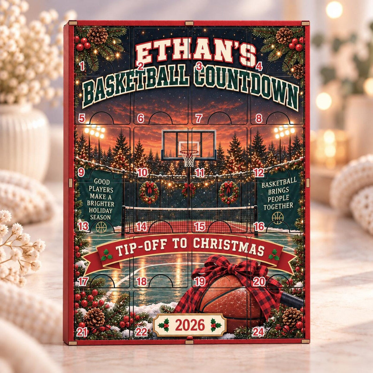 Personalized Basketball Advent Calendar, Wooden Christmas Countdown with Acrylic Charms, Custom Basketball Gift, Basketball Lover Christmas Gift