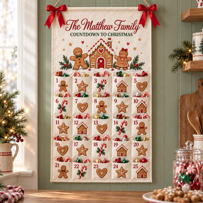 Personalized Gingerbread Advent Calendar, 25-Pocket Christmas Countdown, Custom Family Name Canvas Wall Hanging, Reusable Holiday Home Decor