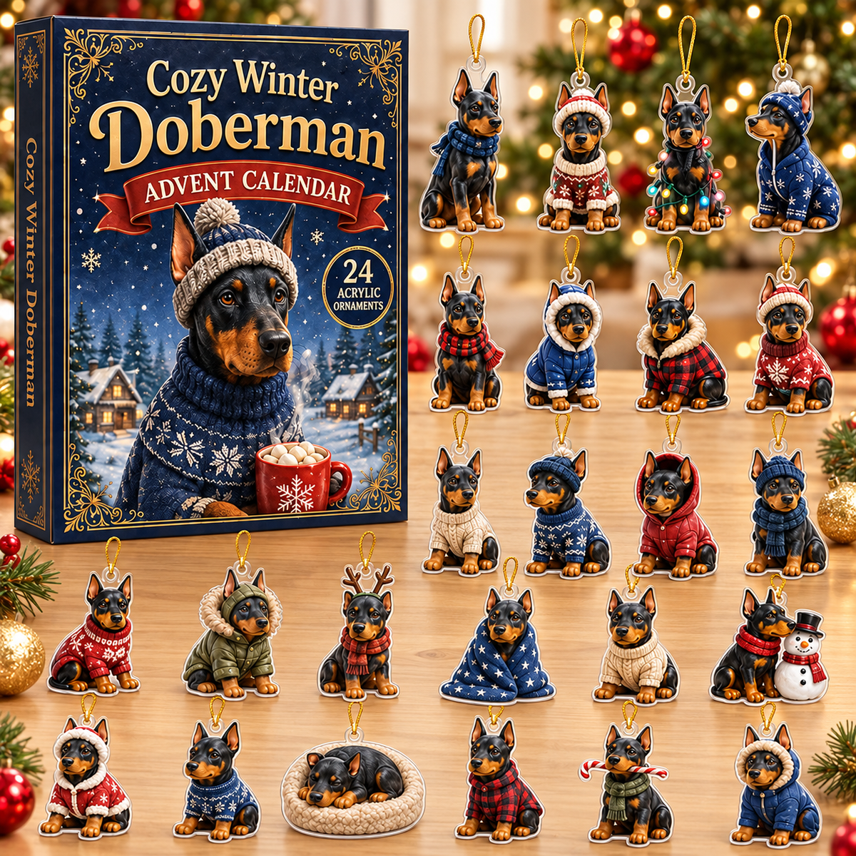 Cozy Winter Doberman Advent Calendar 2026 - 24-Day Festive Countdown, Acrylic Charms Blind Box - Gift For Doberman Lovers