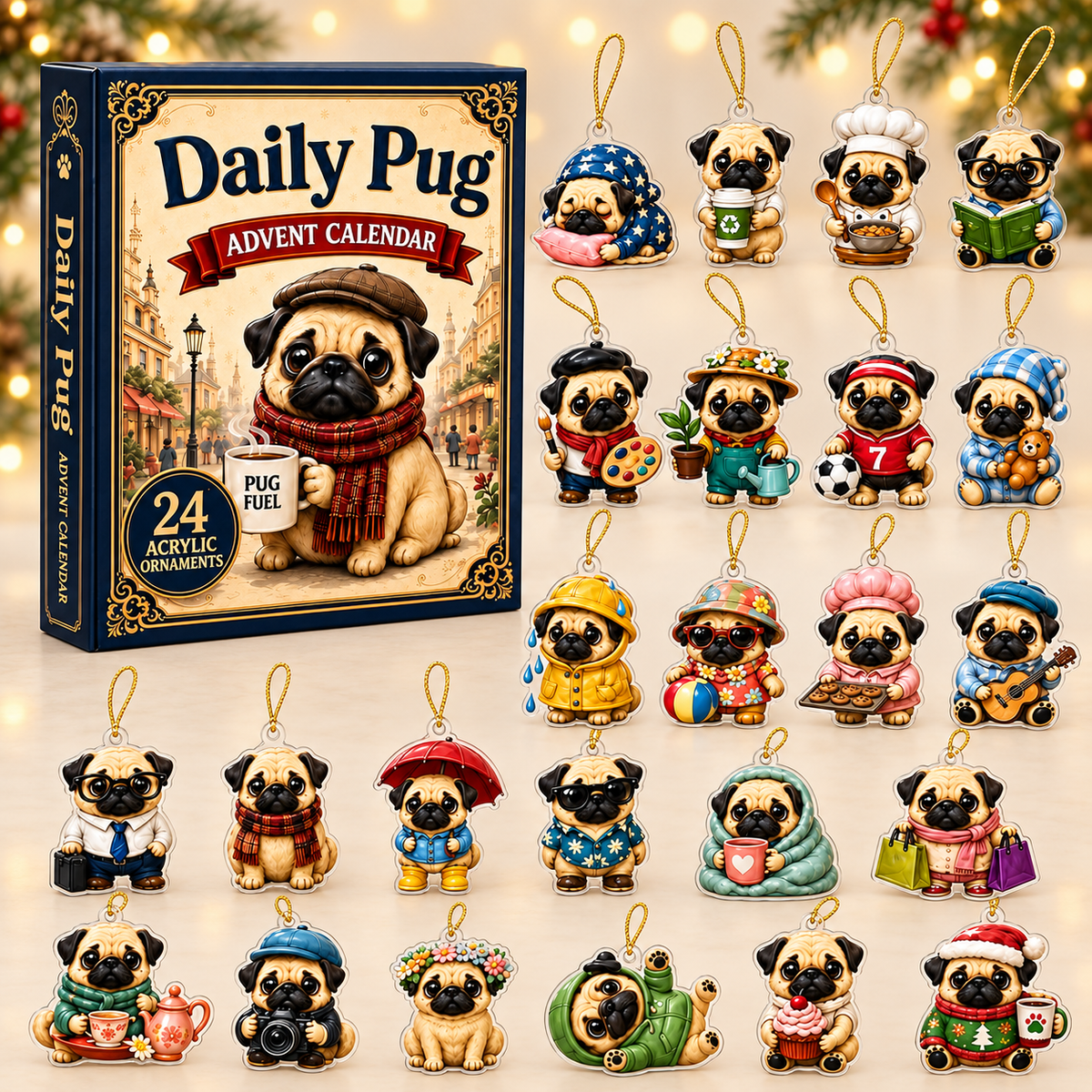 Daily Pug Advent Calendar 2026 - 24-Day Festive Countdown, Acrylic Charms Blind Box - Gift For Dog Lovers