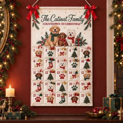 Personalized Dog Advent Calendar, 25 Pockets, Custom Family Name Wall Hanging (Reusable)