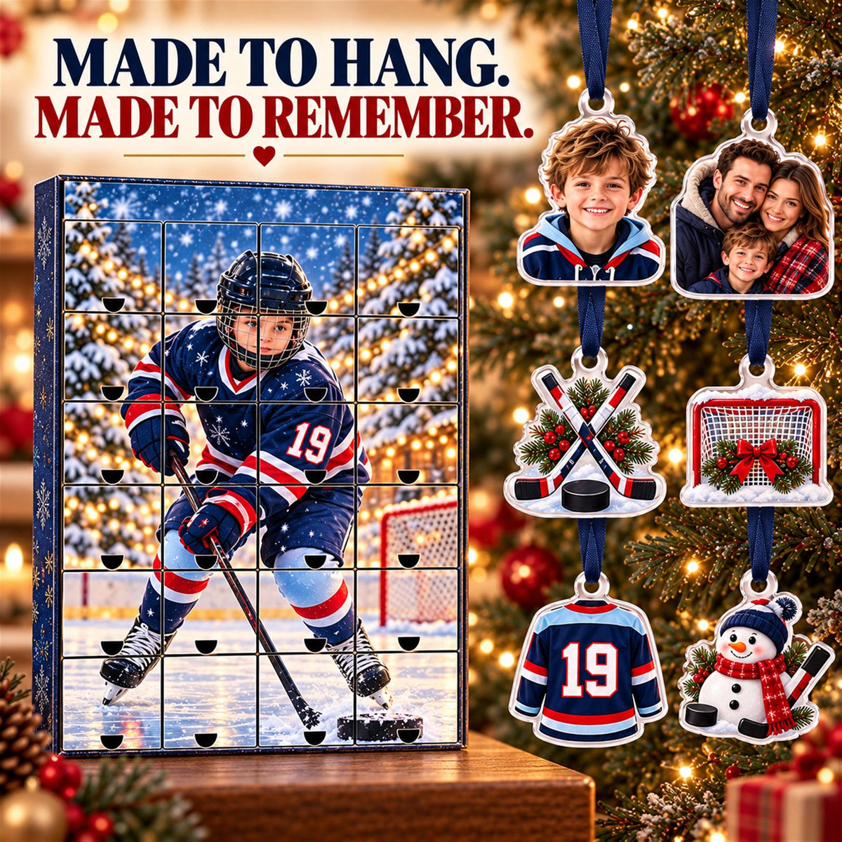 Personalized Hockey Advent Calendar with 24 Custom Photo Acrylic Ornaments, Player Number Christmas Gift for Hockey Family and Coach