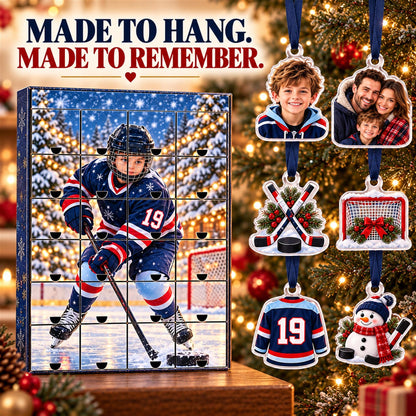 Personalized Hockey Advent Calendar with 24 Custom Photo Acrylic Ornaments, Player Number Christmas Gift for Hockey Family and Coach