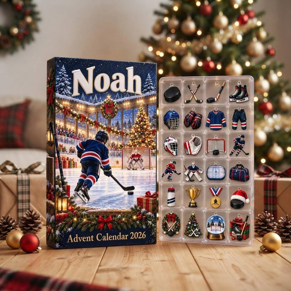 Personalized Hockey Advent Calendar 2026, 24 Ice Hockey Charms, Custom Name Christmas Countdown Gift for Hockey Players