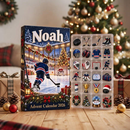 Personalized Hockey Advent Calendar 2026, 24 Ice Hockey Charms, Custom Name Christmas Countdown Gift for Hockey Players