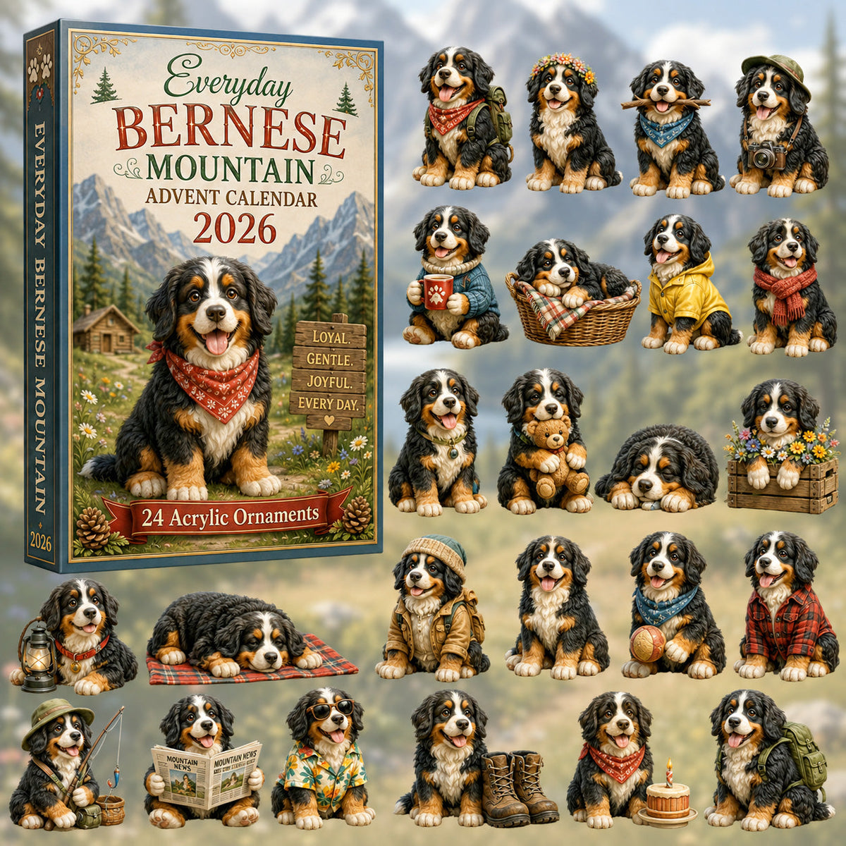 Everyday Bernese Mountain Advent Calendar 2026 - 24-Day Festive Countdown, Acrylic Charms Blind Box - Gift For Bernese Mountain Dog Lovers