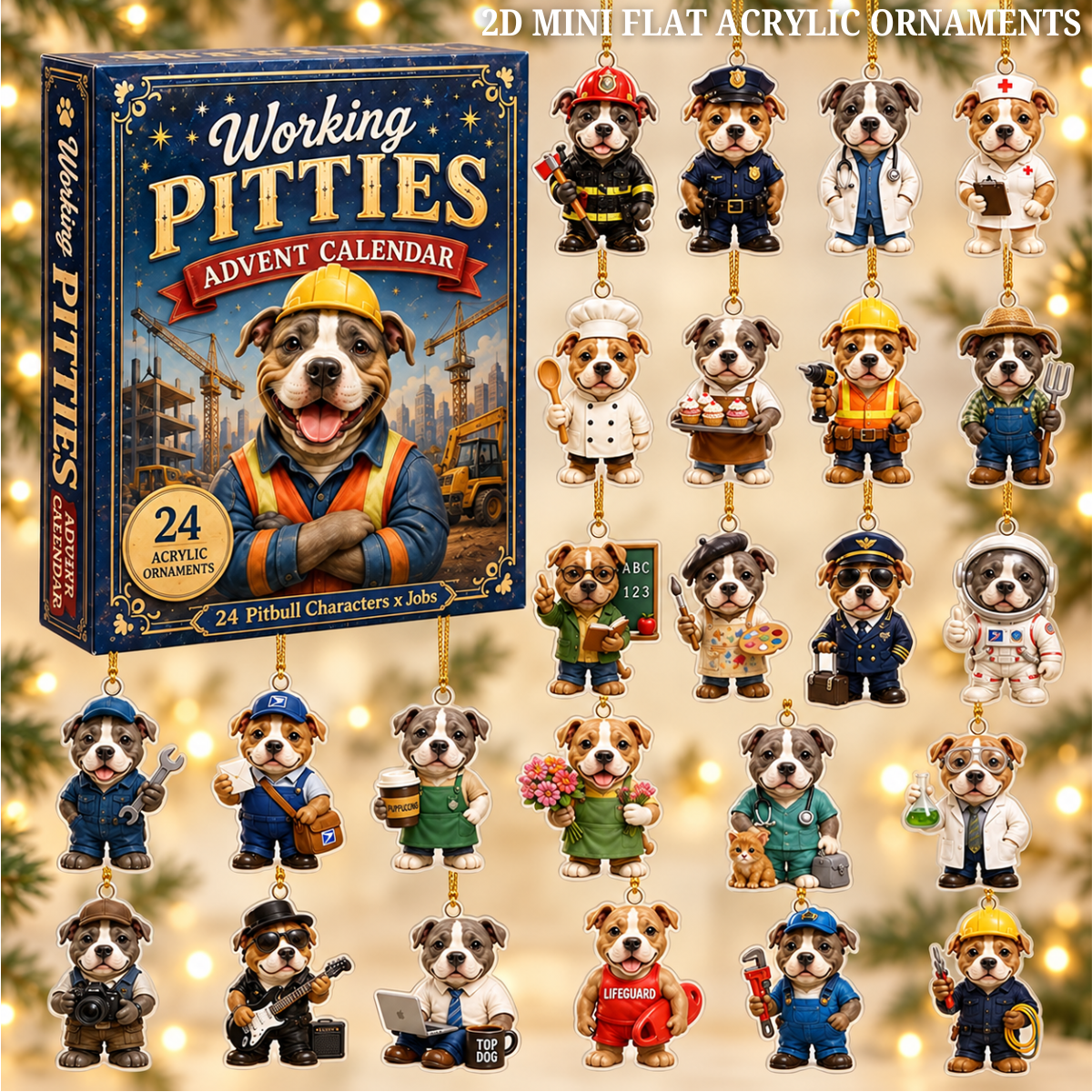 Working Pitties Advent Calendar 2026 - 24-Day Festive Countdown, Acrylic Charms Blind Box - Gift For Pitbull Lovers