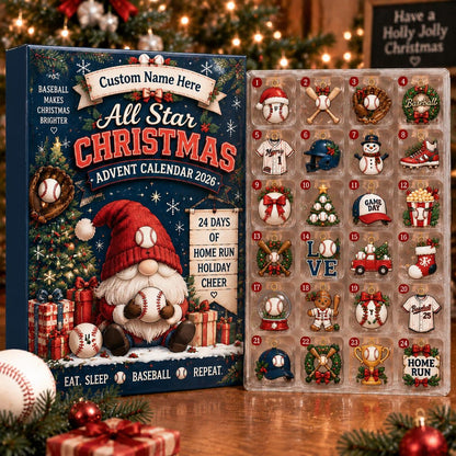 Baseball Advent Calendar 2026, Christmas Countdown Box, 24 Baseball Charms, Personalized Name Holiday Keepsake, Baseball Player Gift