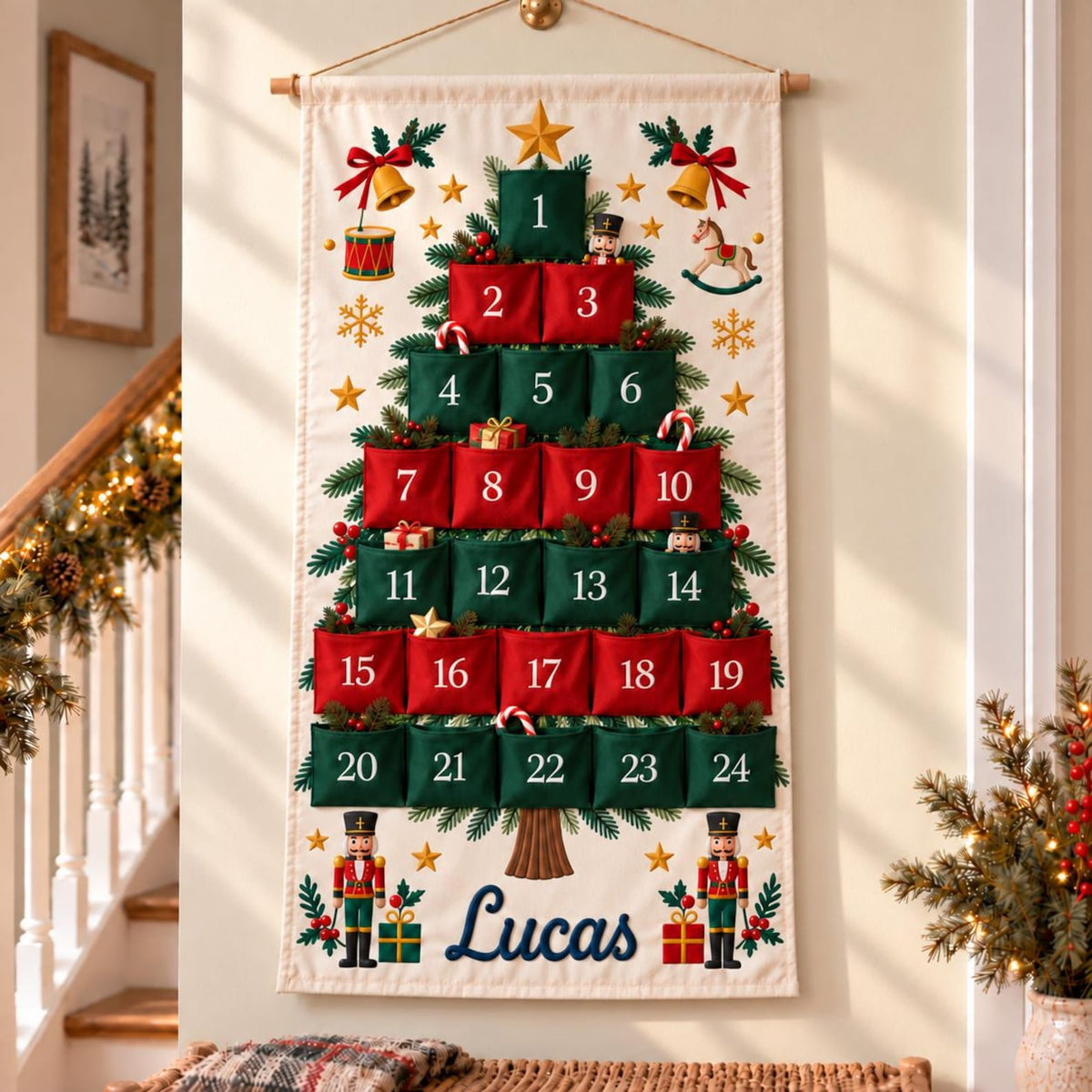 Personalized Christmas Advent Calendar, 24 Pocket Nutcracker Wall Hanging with Custom Name, Reusable Canvas Holiday Countdown Decor for Kids