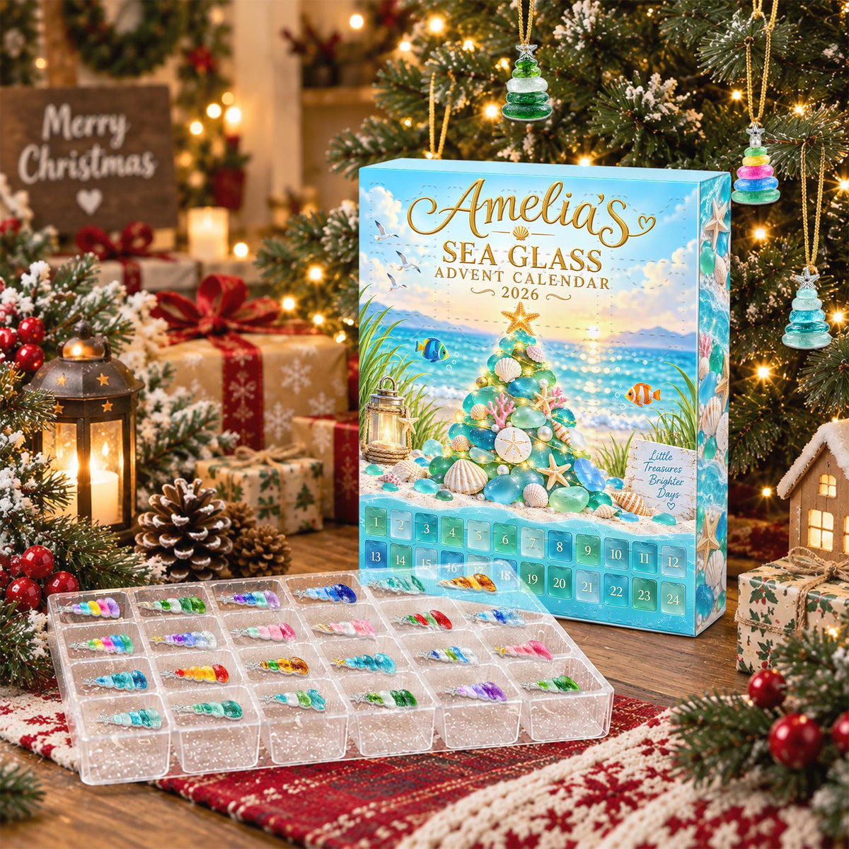Personalized Sea Glass Advent Calendar Box, Custom Name 24 Charm Christmas Countdown, Beach Lover Holiday Keepsake Gift