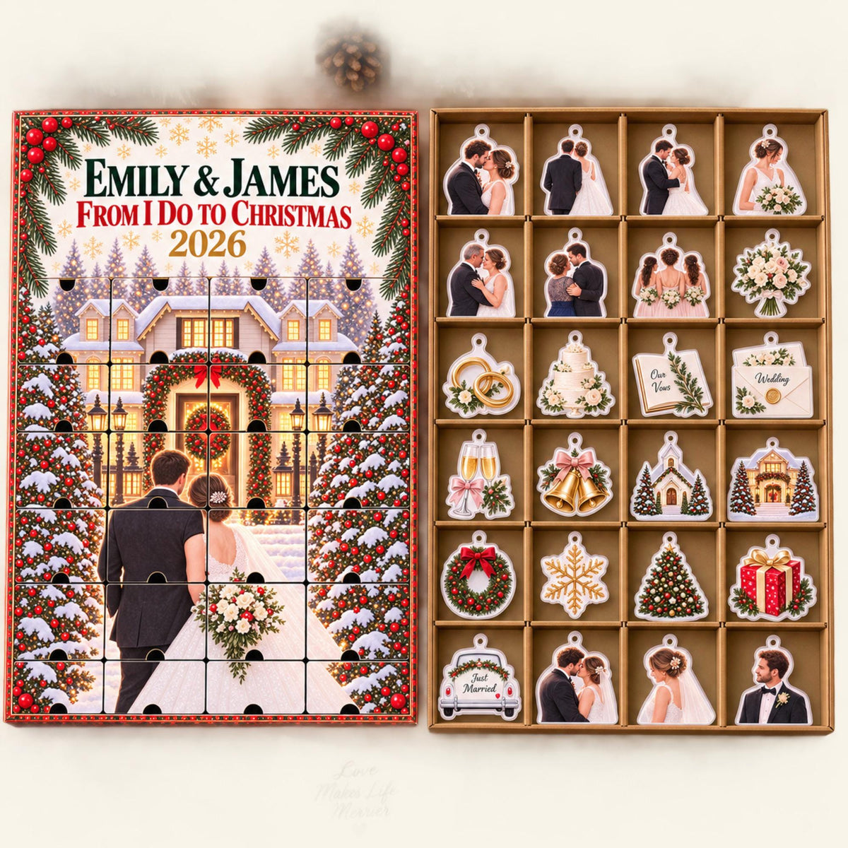 Personalized Wedding Memory Advent Calendar with 24 Custom Photo Acrylic Ornaments, Newlywed Christmas Gift, Wedding Keepsake for Couple