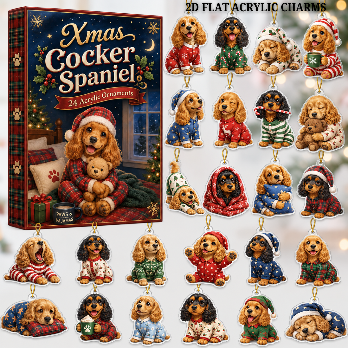Cocker Spaniel Pajama Advent Calendar 2026 - 24-Day Festive Countdown, Acrylic Charms Blind Box - Gift For Cocker Spaniel Lovers