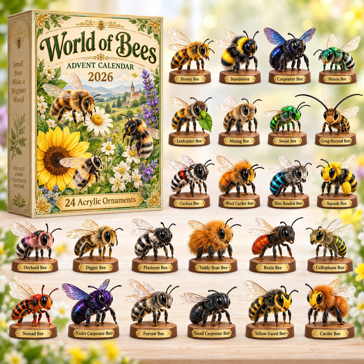 World Of Bees Advent Calendar 2026 - 24-Day Festive Countdown, Acrylic Charms Blind Box - Gift For Bee Lovers