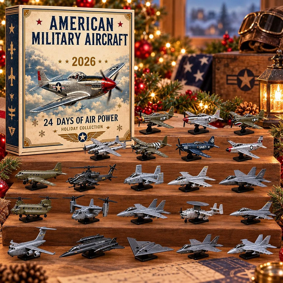 American Aircraft Advent Calendar 2026, 24 Day Airplane Ornaments, Aviation Christmas Countdown, Pilot Military Jet Toy Decor, Holiday Gift
