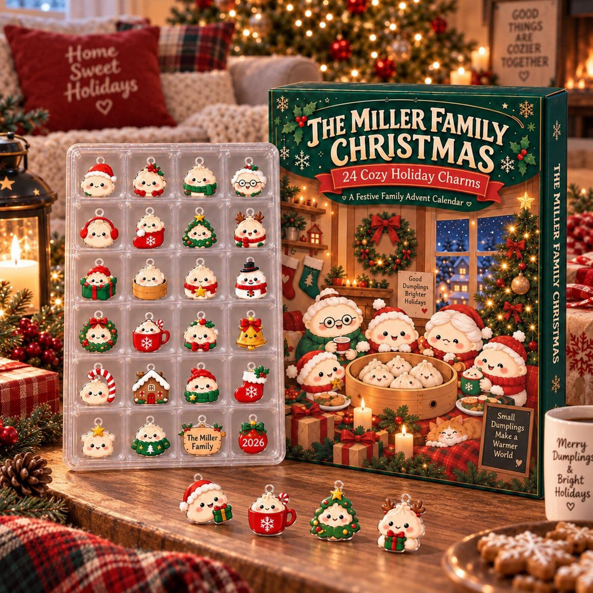Personalized Dumpling Family Christmas Advent Calendar 2026, 24 Cozy Holiday Charms Set, Custom Family Name Blind Box Countdown Gift For Kid