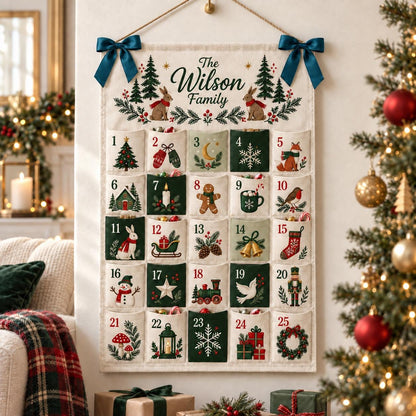 Personalized Woodland Advent Calendar, 25 Pocket Christmas Countdown, Family Name Wall Hanging