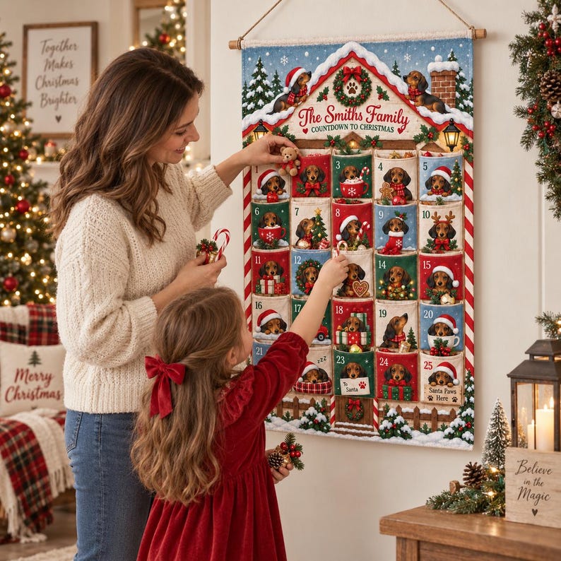 Personalized Dachshund Christmas Fabric Advent Calendar, 25 Day Pocket Countdown, Custom Family Name Dog Wall Hanging, Doxie Xmas Decor