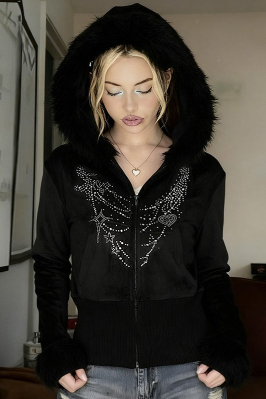 Gothic Rhinestone Fur Paneled Slim Hoodie