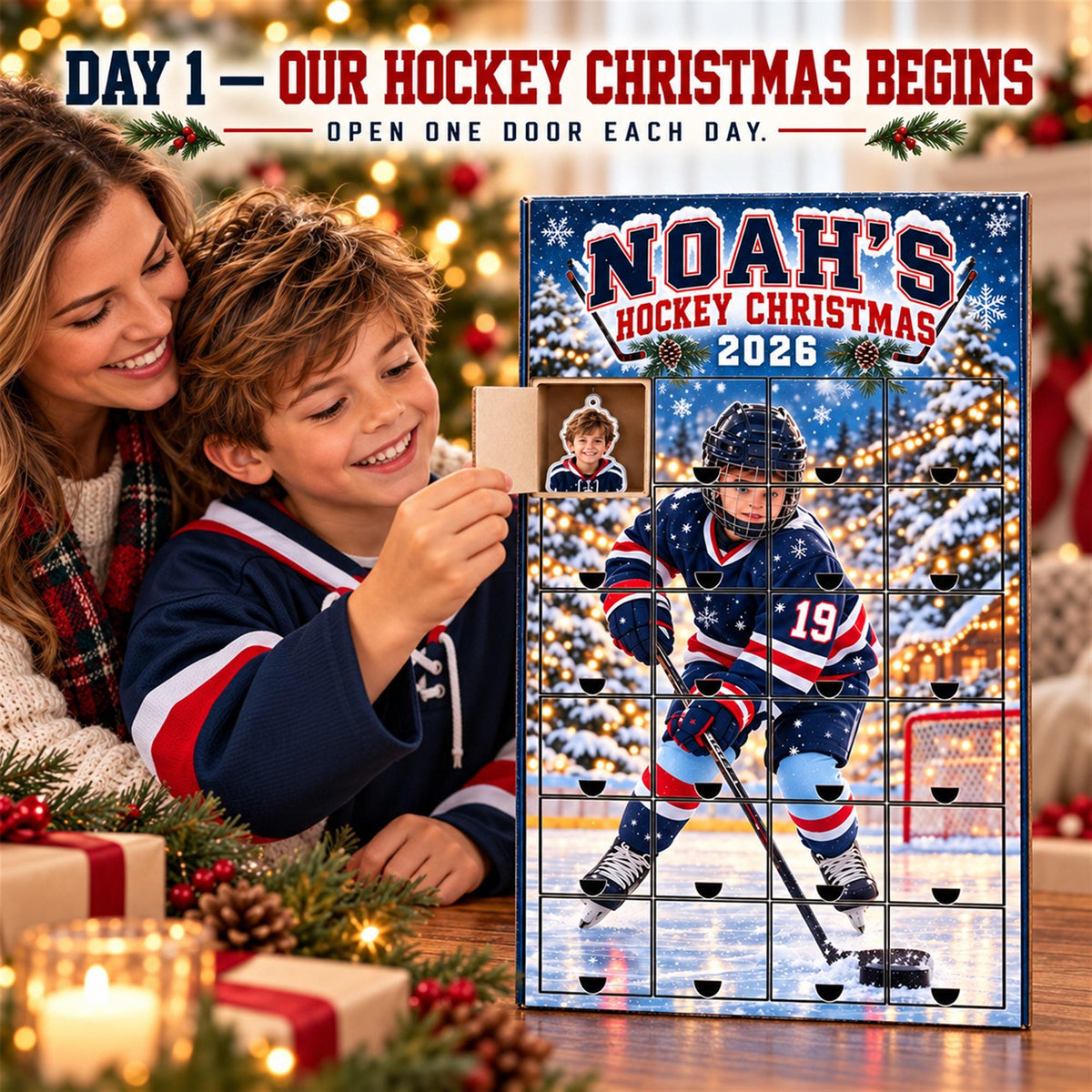 Personalized Hockey Advent Calendar with 24 Custom Photo Acrylic Ornaments, Player Number Christmas Gift for Hockey Family and Coach