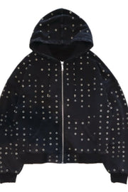 Eyelet Rhinestone Zip-Up Hoodie