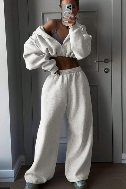 Cropped Zip Hoodie Wide Leg Jogger Set