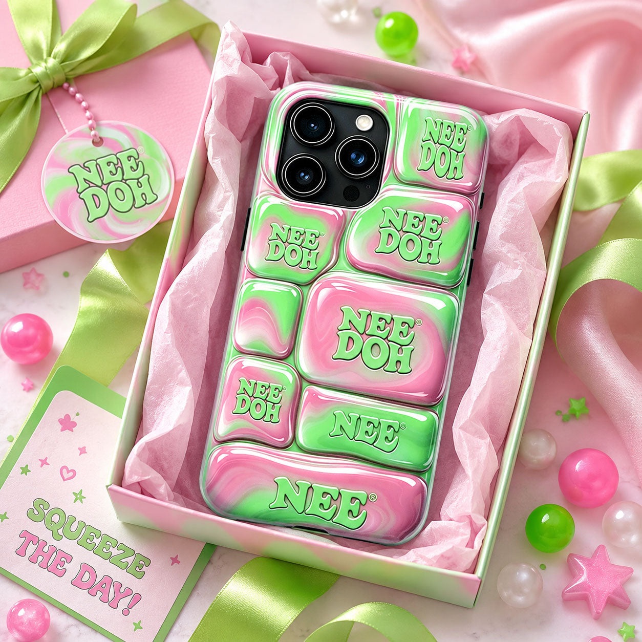 Nee Doh 3D Pink Green Marble Puffy Phone Case