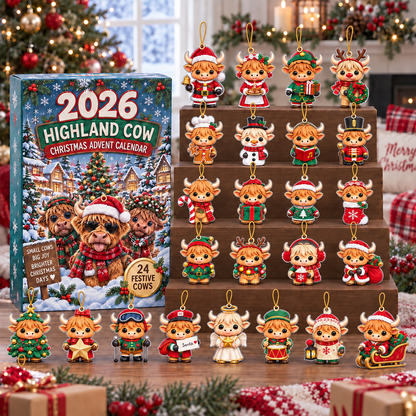 Highland Cow Advent Calendar 2026, 24 Flat Acrylic Christmas Charms