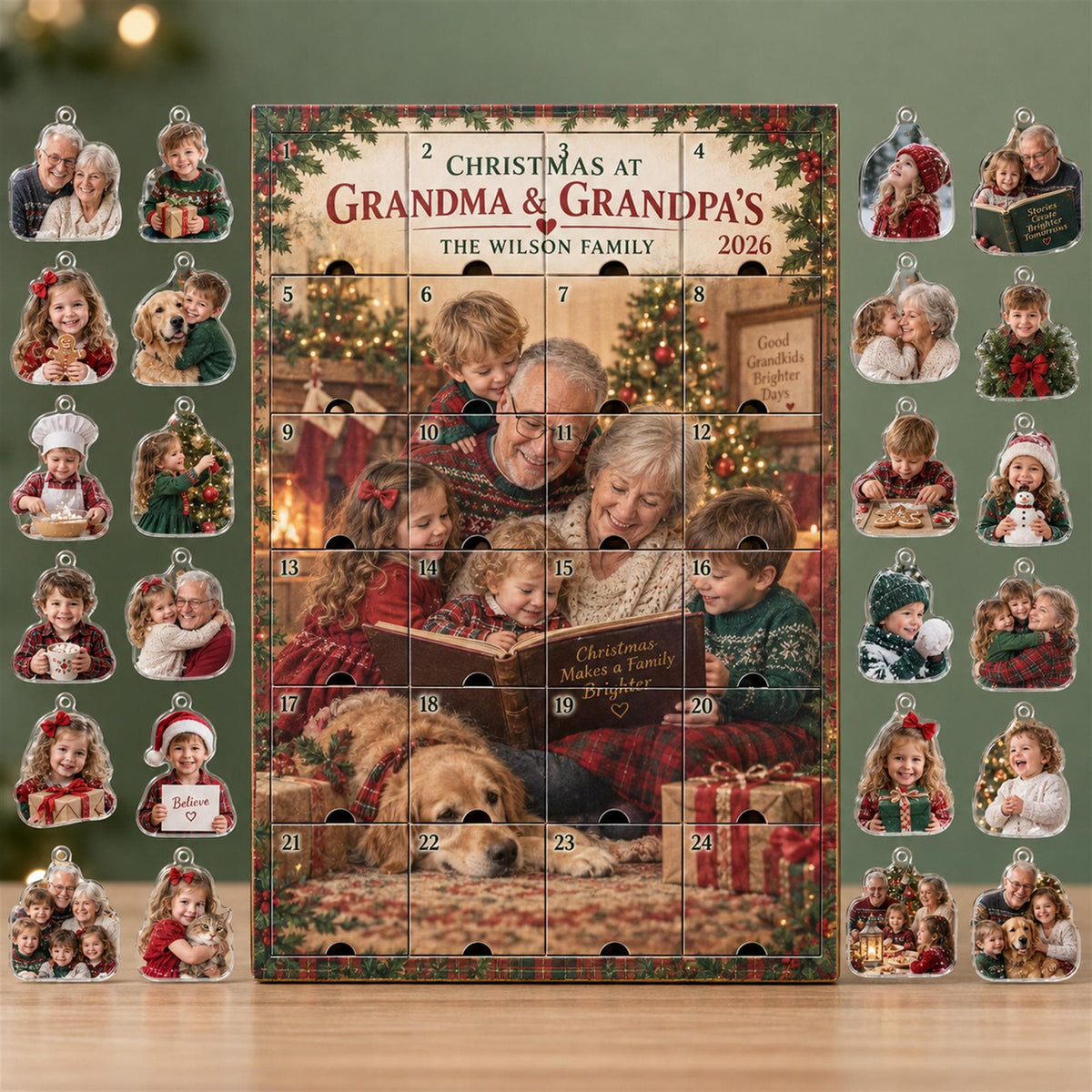 Personalized Grandparents Advent Calendar with 24 Custom Photo Acrylic Ornaments, Christmas Gift for Grandma Grandpa, Grandkids Keepsake