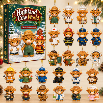 Highland Cow World Advent Calendar 2026 - 24-Day Festive Countdown, Acrylic Charms Blind Box - Gift For Highland Cow Lovers