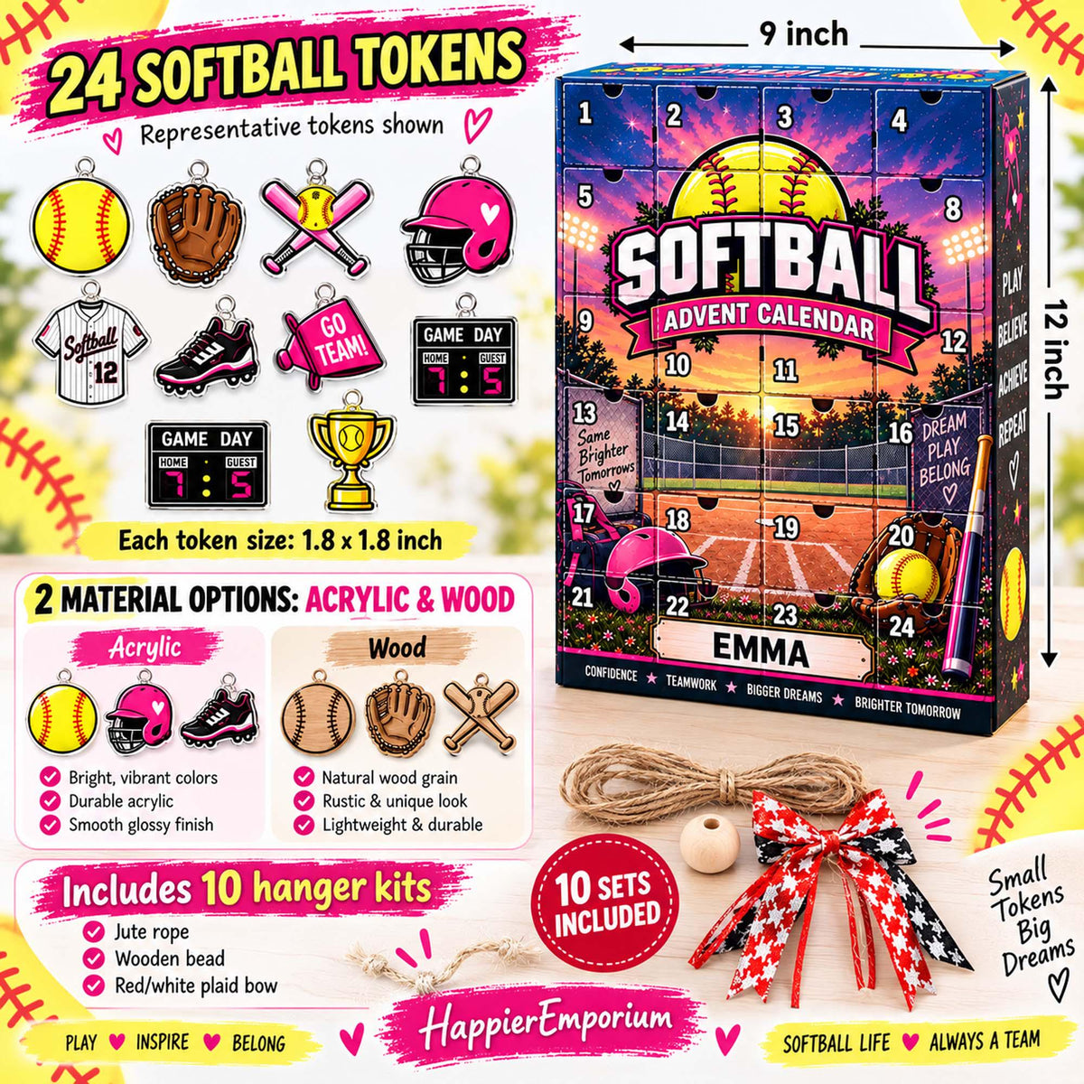 Personalized Softball Advent Calendar 2026, Custom Softball Blind Box, 24 Day Christmas Countdown with Softball Tokens, Xmas Countdown Gifts