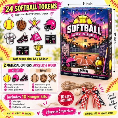 Personalized Softball Advent Calendar 2026, Custom Softball Blind Box, 24 Day Christmas Countdown with Softball Tokens, Xmas Countdown Gifts