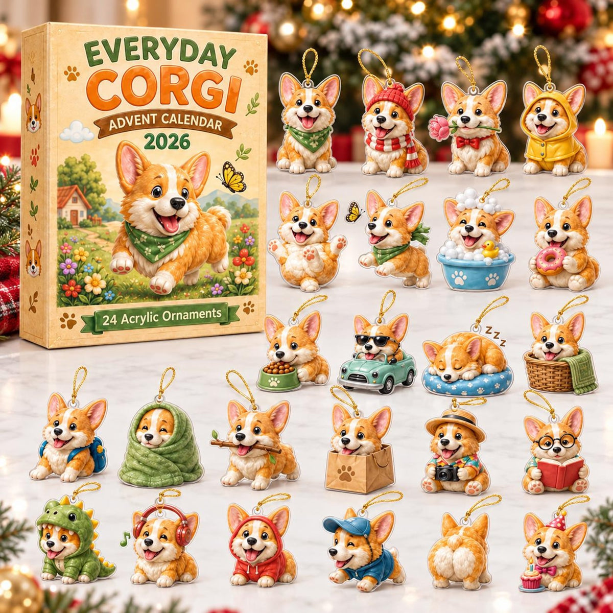 Everyday Corgi Advent Calendar 2026, 24 Day Christmas Countdown, Flat Acrylic Dog Ornaments, Gift for Corgi Lovers, Holiday Tree Decorations