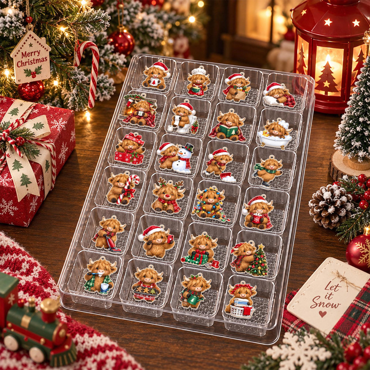 Personalized Highland Cow Christmas Advent Calendar Box, Custom Name 24 Charm Countdown Gift, Farm Animal Holiday Keepsake