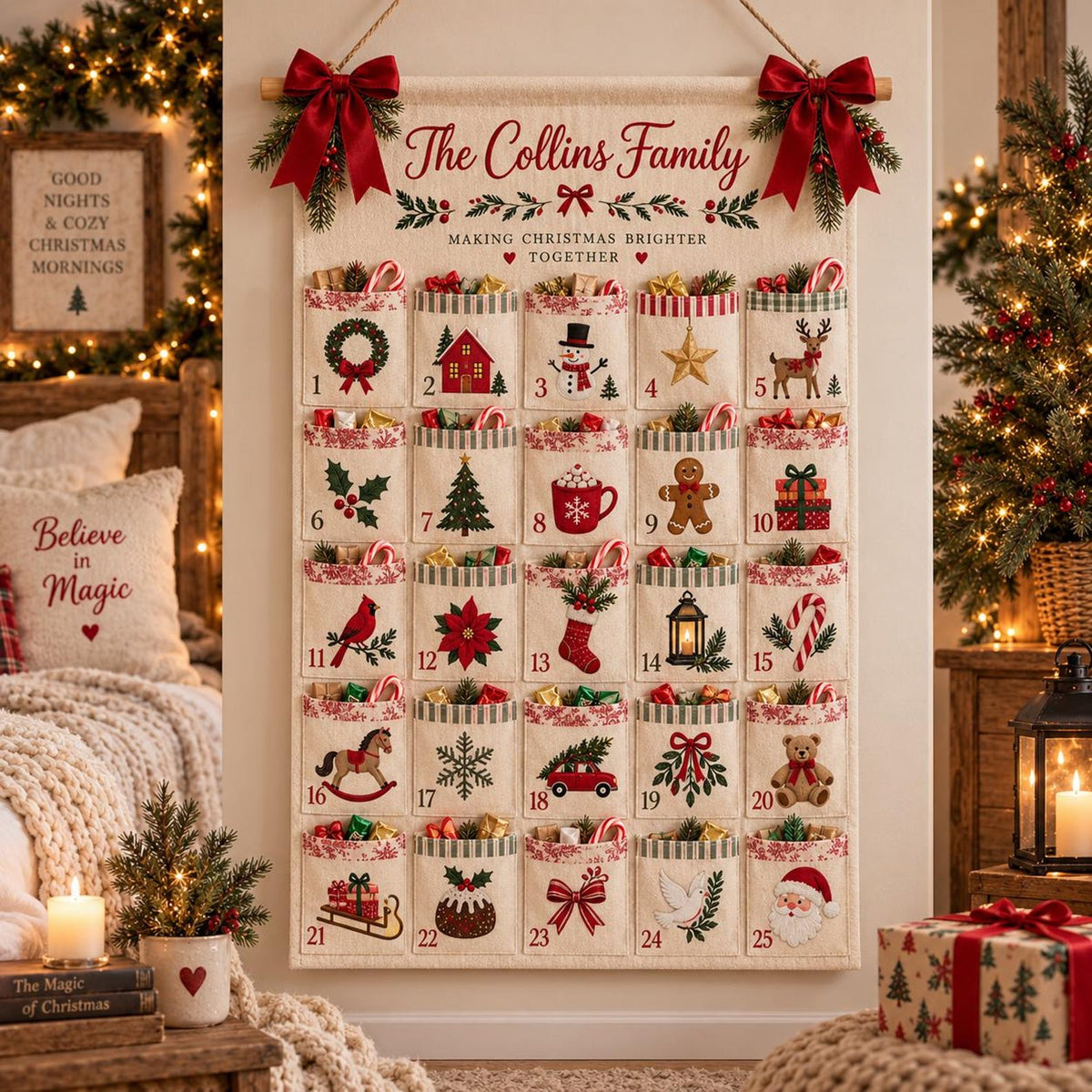 Personalized Christmas Advent Calendar, 25 Pocket Countdown Wall Hanging, Custom Family Name Xmas Calendar, Holiday Candy Gift Organizer