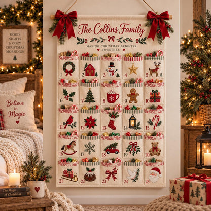 Personalized Christmas Advent Calendar, 25 Pocket Countdown Wall Hanging, Custom Family Name Xmas Calendar, Holiday Candy Gift Organizer