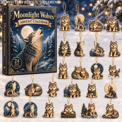 Moonlight Wolves Realm Advent Calendar 2026 - 24-Day Festive Countdown, Wooden Charms Blind Box - Gift For Animals Lovers