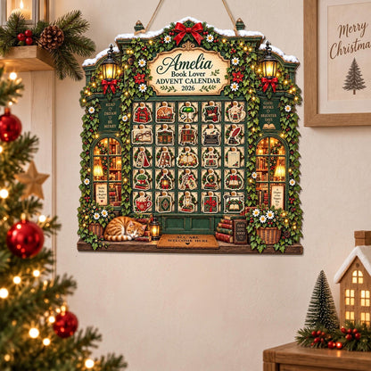 Personalized Book Lover Wooden Advent Calendar: Custom Bookstore Christmas Countdown
