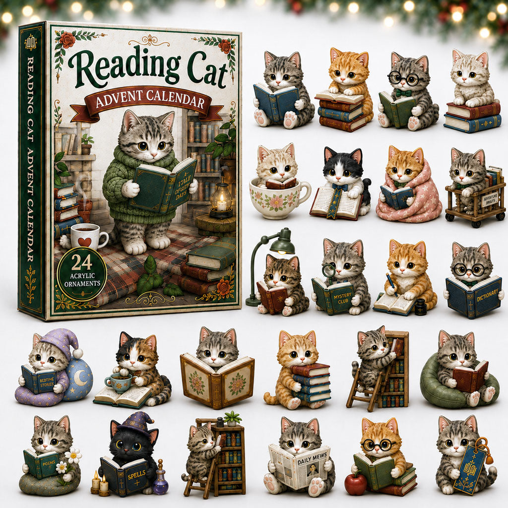 Reading Cat Advent Calendar 2026 - 24-Day Festive Countdown, Acrylic Charms Blind Box - Gift For Cat Lovers
