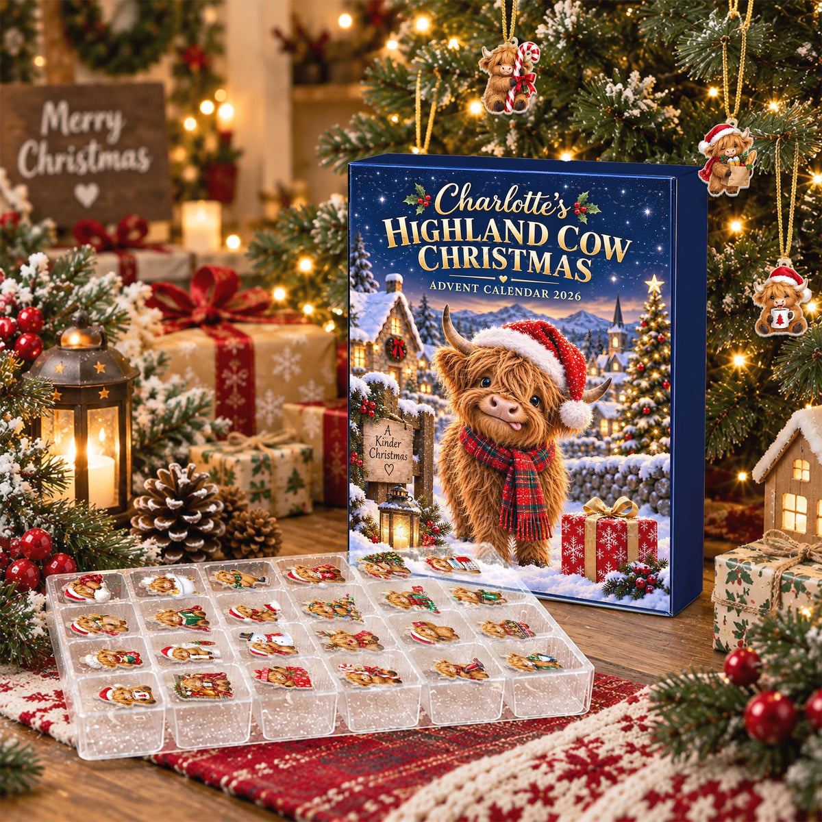 Personalized Highland Cow Christmas Advent Calendar Box, Custom Name 24 Charm Countdown Gift, Farm Animal Holiday Keepsake