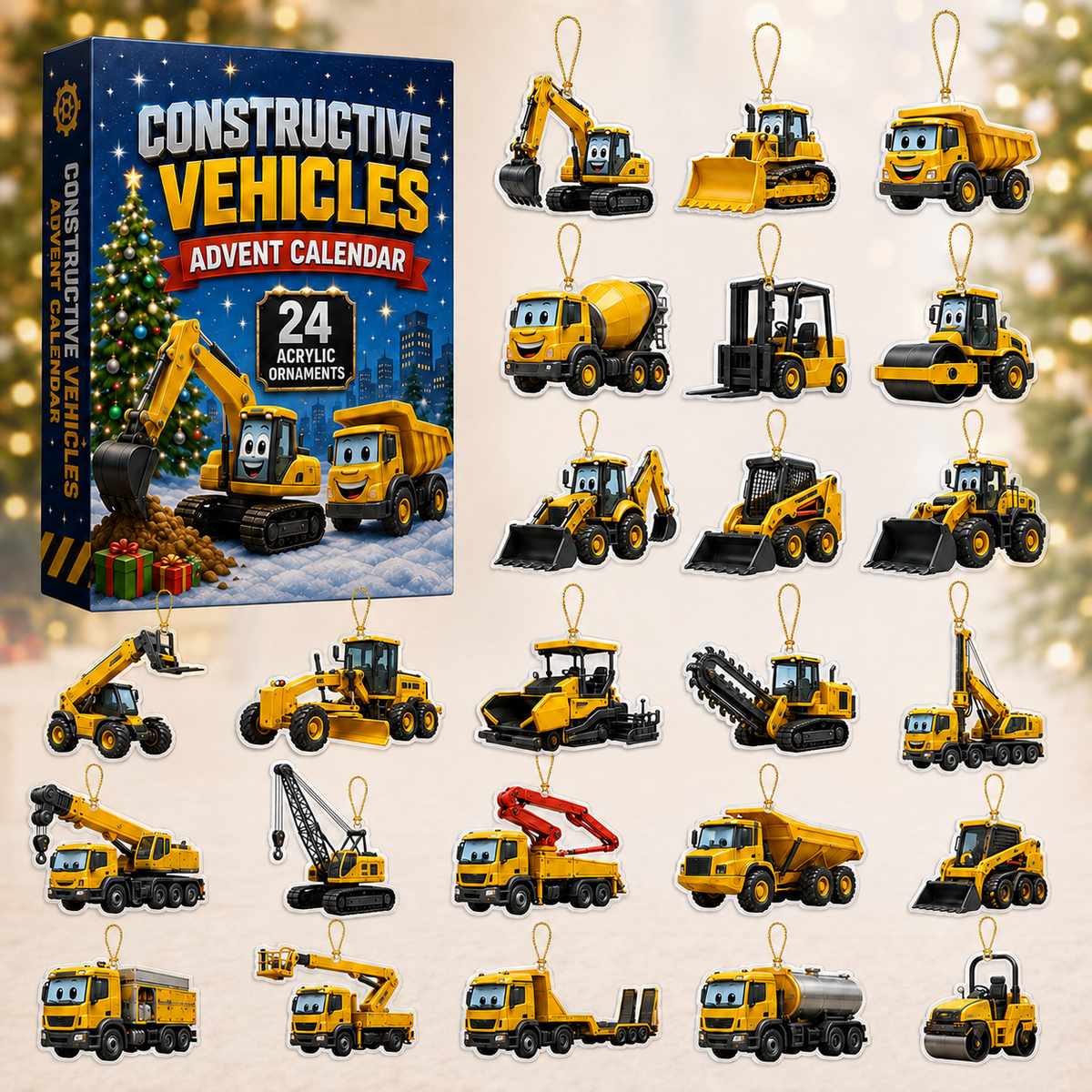 Constructive Vehicles Advent Calendar 2026 - 24-Day Festive Countdown, Acrylic Charms Blind Box - Gift For Kids, Family & Friends