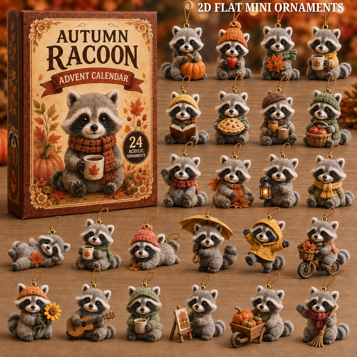 Autumn Raccoon Life Advent Calendar 2026 - 24-Day Festive Countdown, Acrylic Charms Blind Box - Gift For Raccoon Lovers