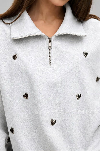 Heart Stud Half Zip Sweatshirt