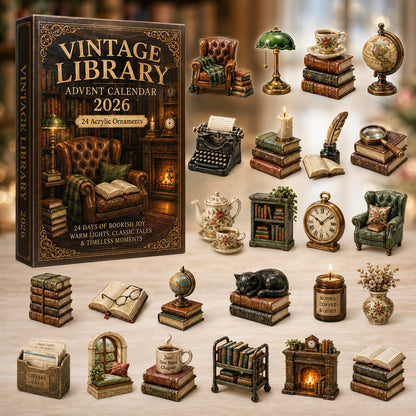 Vintage Library Advent Calendar 2026 - 24-Day Festive Countdown, Acrylic Charms Blind Box - Gift For Reading Lovers