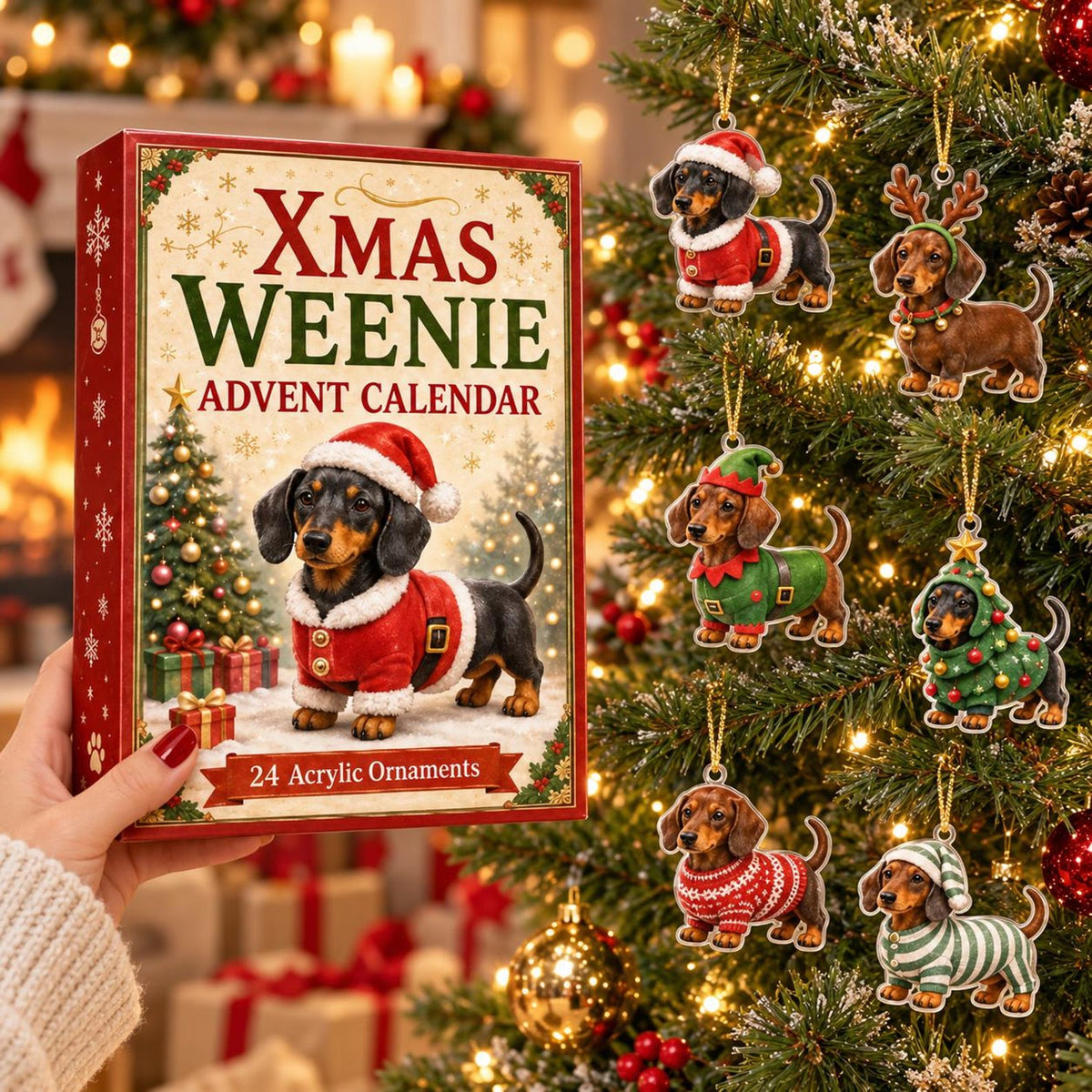 Dachshund Advent Calendar 2026, 24 Day Christmas Countdown, Flat Acrylic Wiener Dog Ornaments, Xmas Weenie Dog Holiday Gift for Dog Lovers
