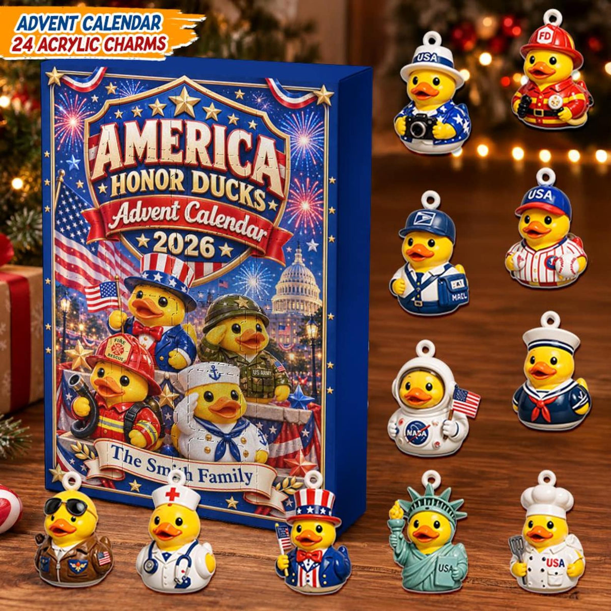 America Honor Ducks Advent Calendar, 24 Acrylic Charms, 2026 Patriotic Duck Countdown, American Keepsake