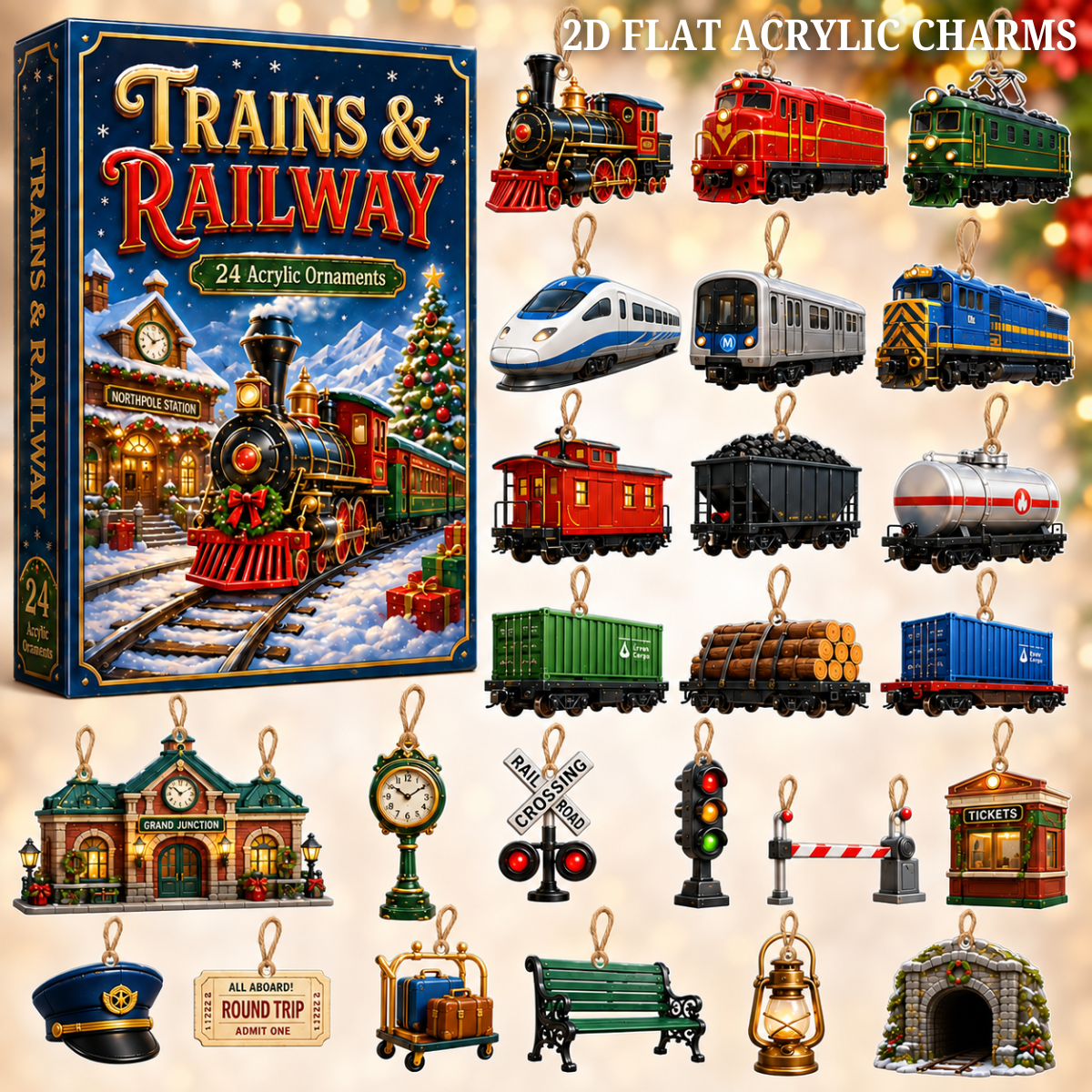 Trains & Railway Advent Calendar 2026 - 24-Day Festive Countdown, Acrylic Charms Blind Box - Gift For Kids, Family & Friends